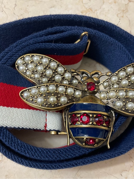 Gucci Other - Gucci Navy Blue Red White Pearl Bee Web Belt